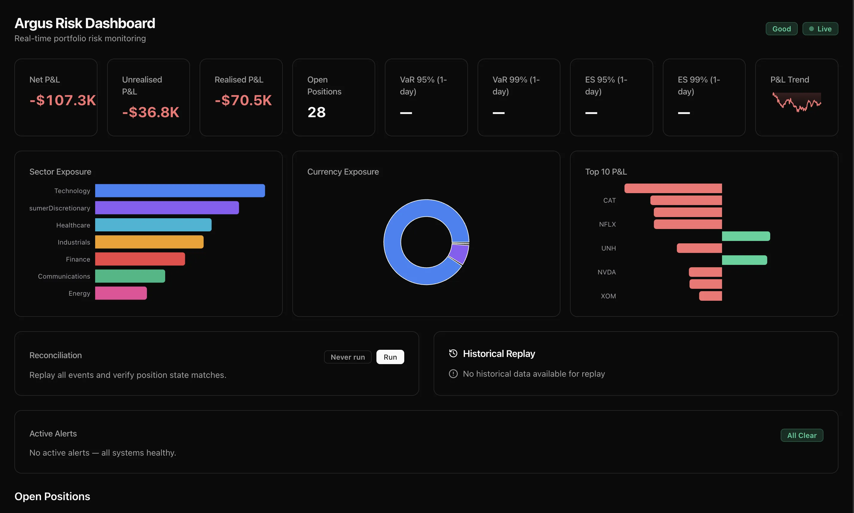 Argus Risk dashboard showing portfolio value, profit and loss, exposure, and system status